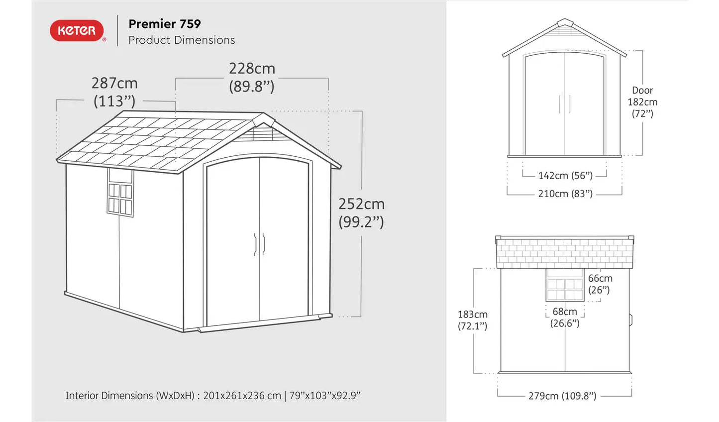 Keter Premier Plastic Garden Shed 7.5 x 9ft - Grey