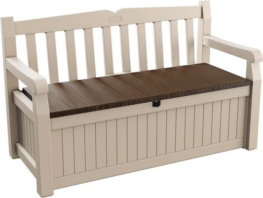 Keter Eden Bench 265L Outdoor 60% recycled Garden Furniture Storage Box Beige & Brown Wood Panel Effect