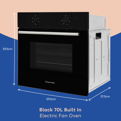 Russell Hobbs 70L, 60cm Wide, Single Electric Built-in Fan Oven and Grill in Black, 5 Oven Functions
